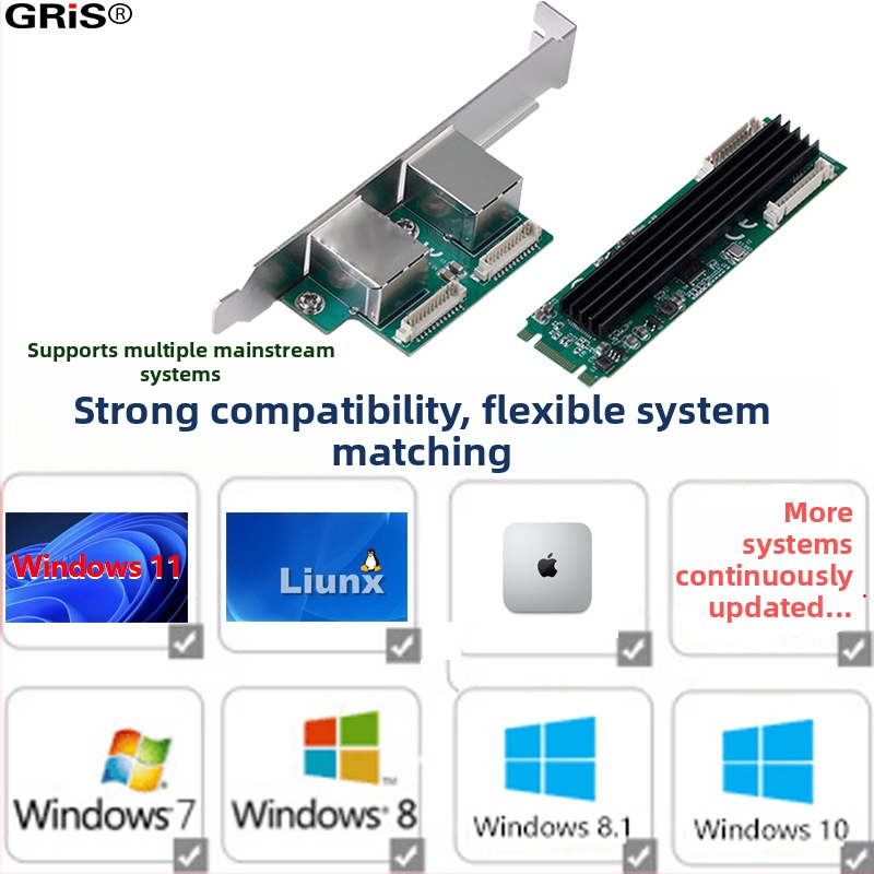 GRIS M.2 divportu Ethernet karte, RJ-45, 10/100/1000 Mbps, M-B Key, Fast Ethernet