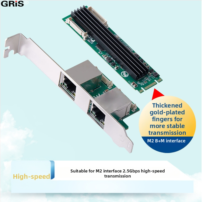 GRIS M.2 divportu Ethernet karte, RJ-45, 10/100/1000 Mbps, M-B Key, Fast Ethernet