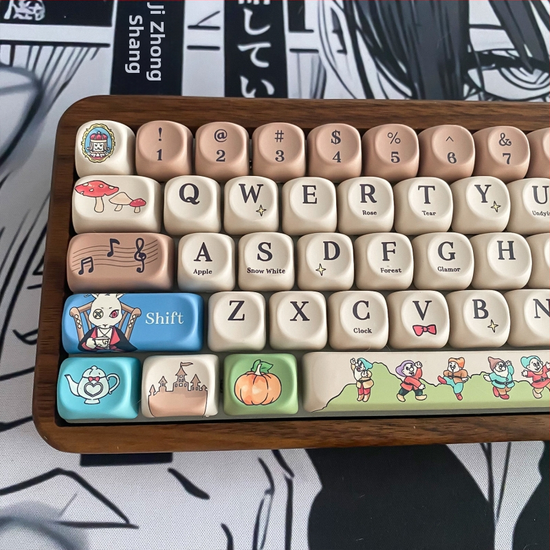 PBT klavišų dangteliai su penkių pusių sublimacija, Cherry MX kryžminis stiebelio suderinamumas, aukštas profilis, miela animacinė tema – mini pilnas rinkinys