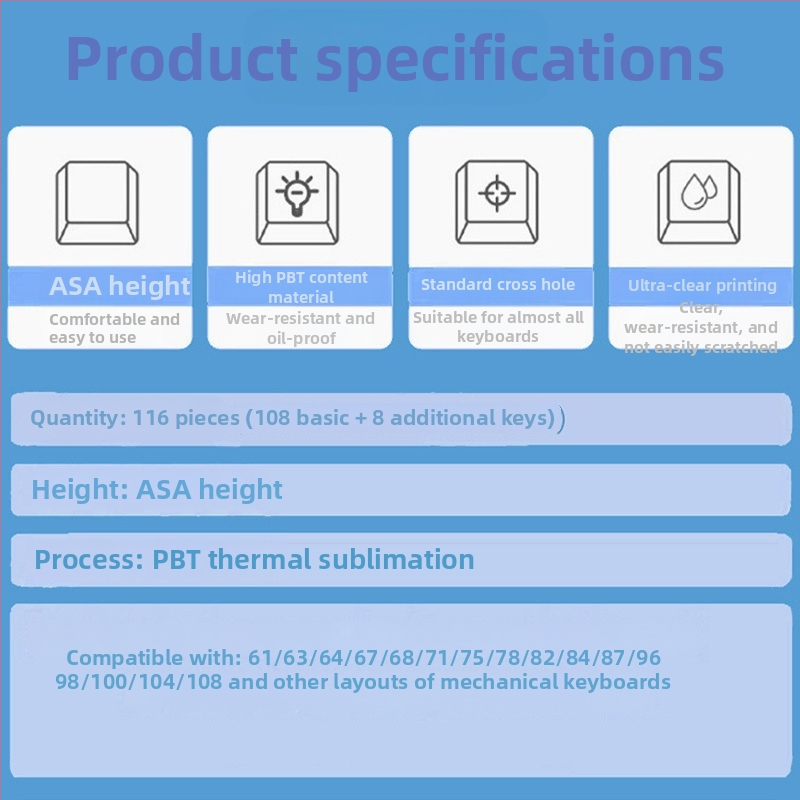 Capă personalizată pentru tastatură mecanică, sublimare PBT, model/transparent, compatibil universal