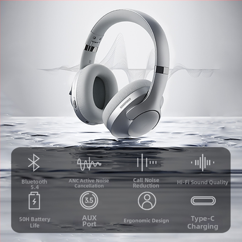 Žaidimų ausinės su aktyviu triukšmo slopinimu, virš ausų dizainas, Bluetooth 5.4, baterijos veikimo laikas daugiau nei 8 valandos, žemas vėlinimas esports