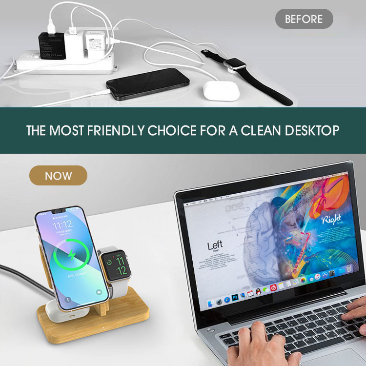 Bambusinė belaidė įkrovimo stotelė 3-in-1 – MagSafe suderinama, RX-2201; įkrauna iPhone iki 15W, AirPods iki 5W, Apple Watch iki 2W