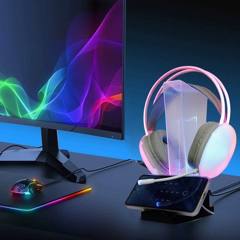 Višefunkcijski držač za slušalice i telefon, prozirna RGB LED rasvjeta, 2-u-1 gaming LED prikazni stalak i skladište