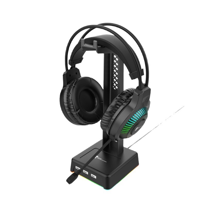 Držač za slušalice HT03 s osvijetljenom bazom, uspravni dizajn, tri USB priključka, silikon, kabel 1,5 m, garancija 1 godina