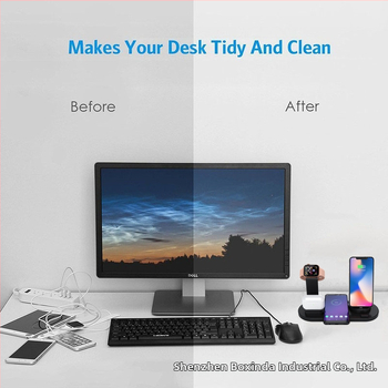 4-in-1 belaidžio įkrovimo pagrindas iPhone, AirPods ir Apple Watch; įėjimas DC9V, išėjimas DC5V-1.5A; plastiko korpusas; suderinamas su Apple, Type-C ir Android v8 įrenginiais; 3C sertifikatas 2022230907001902