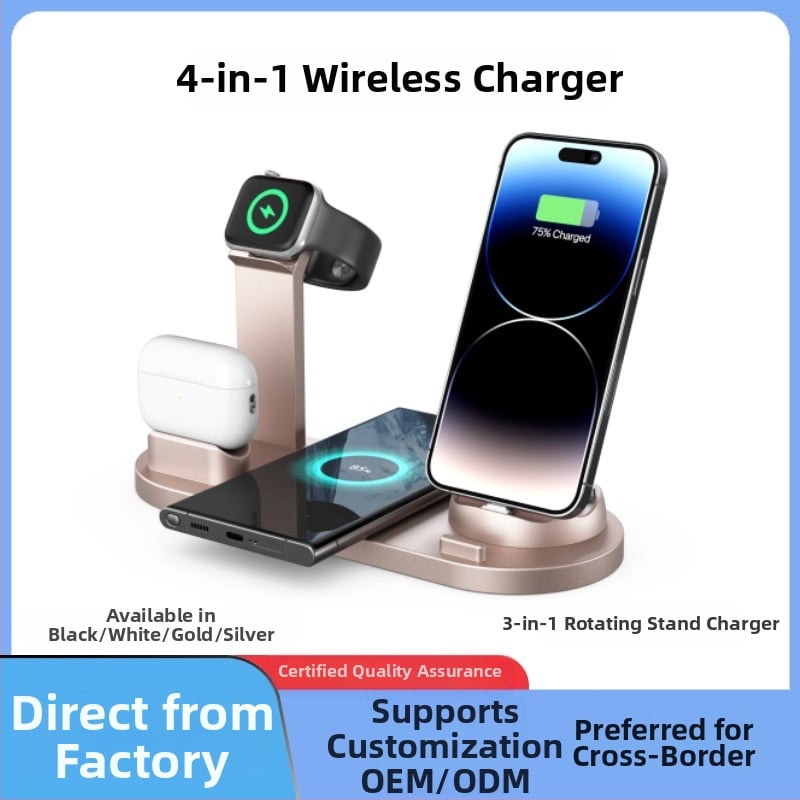 4-in-1 belaidžio įkrovimo pagrindas iPhone, AirPods ir Apple Watch; įėjimas DC9V, išėjimas DC5V-1.5A; plastiko korpusas; suderinamas su Apple, Type-C ir Android v8 įrenginiais; 3C sertifikatas 2022230907001902