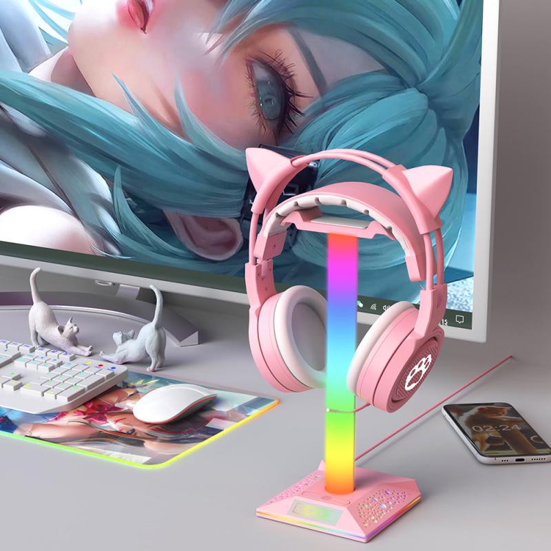 EB05 RGB osvijetljena stolna držač za slušalice, USB hub, silikon