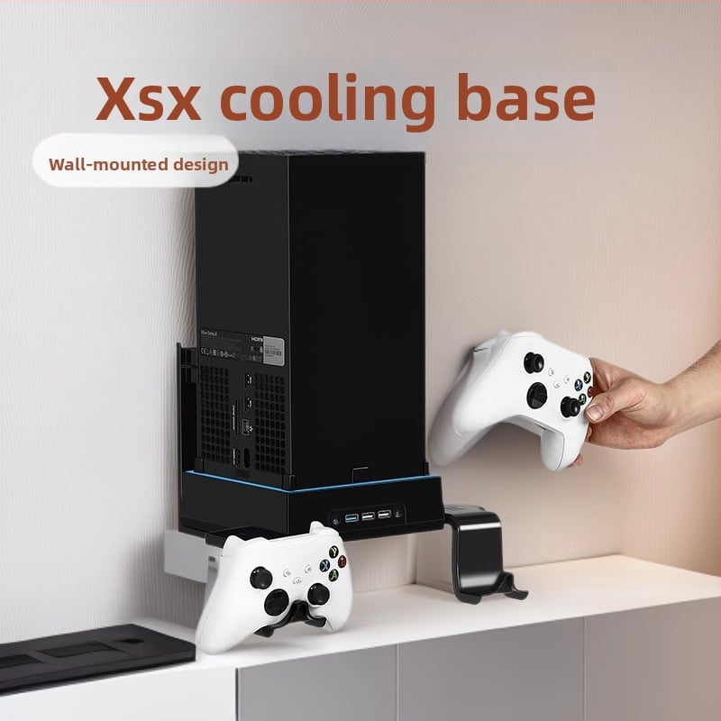 Bază de perete pentru Xbox Series X cu ventilator de răcire și iluminare RGB; corp din ABS, conexiune Type-C, spațiu de depozitare pentru căști