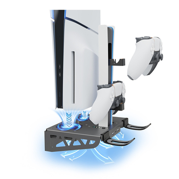 Suport de perete PS5 cu ventilator de răcire, suport pentru controler, încărcător și raft pentru căști (Compatibil cu PS5 Slim/Pro, Material: Fier + ABS, Model: HBP-545)