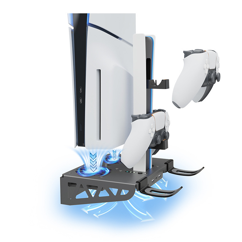 Suport de perete PS5 cu ventilator de răcire, suport pentru controler, încărcător și raft pentru căști (Compatibil cu PS5 Slim/Pro, Material: Fier + ABS, Model: HBP-545)