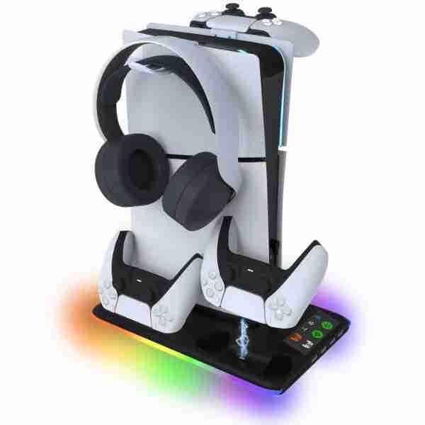 Univerzalni stalak za hlađenje PS5 Pro/Slim s RGB osvjetljenjem, punjač za kontroler i vješalica za slušalice