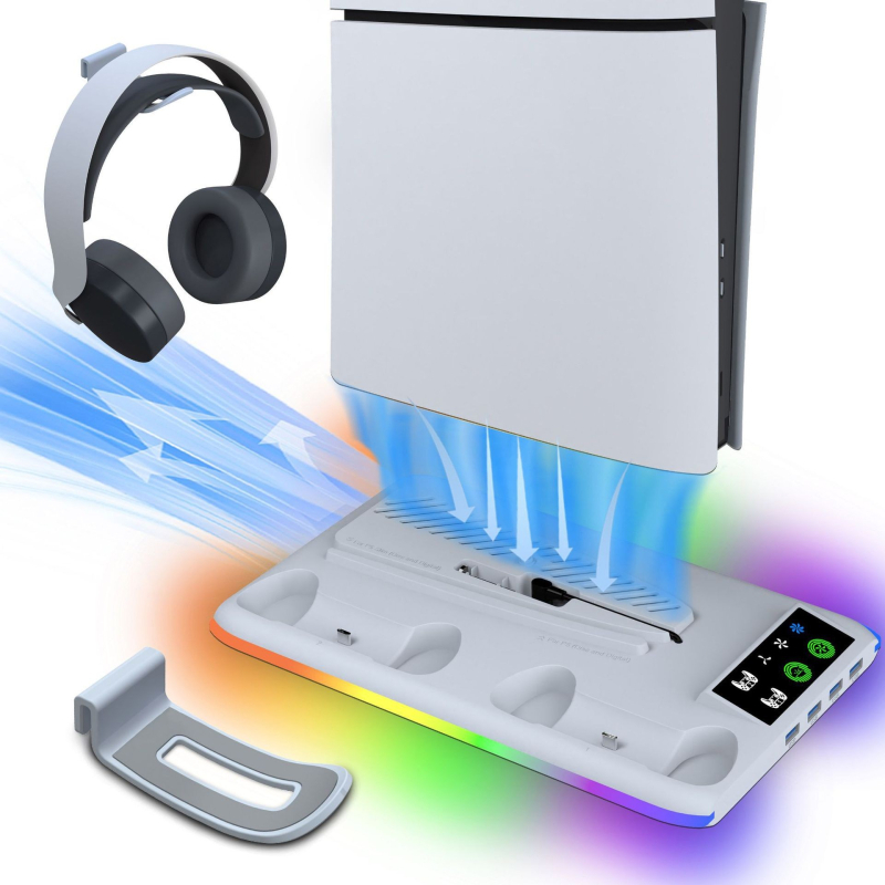Univerzalni stalak za hlađenje PS5 Pro/Slim s RGB osvjetljenjem, punjač za kontroler i vješalica za slušalice