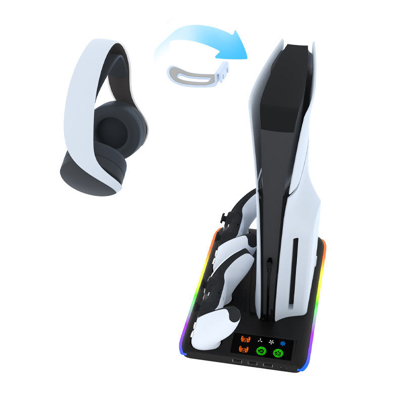 Univerzalni stalak za hlađenje PS5 Pro/Slim s RGB osvjetljenjem, punjač za kontroler i vješalica za slušalice