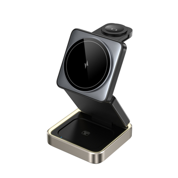 3-in-1 magnetinis sulankstomas metalo belaidis įkroviklis iPhone 16, ausinėms ir Apple Watch – maks. 15W, QC3.0