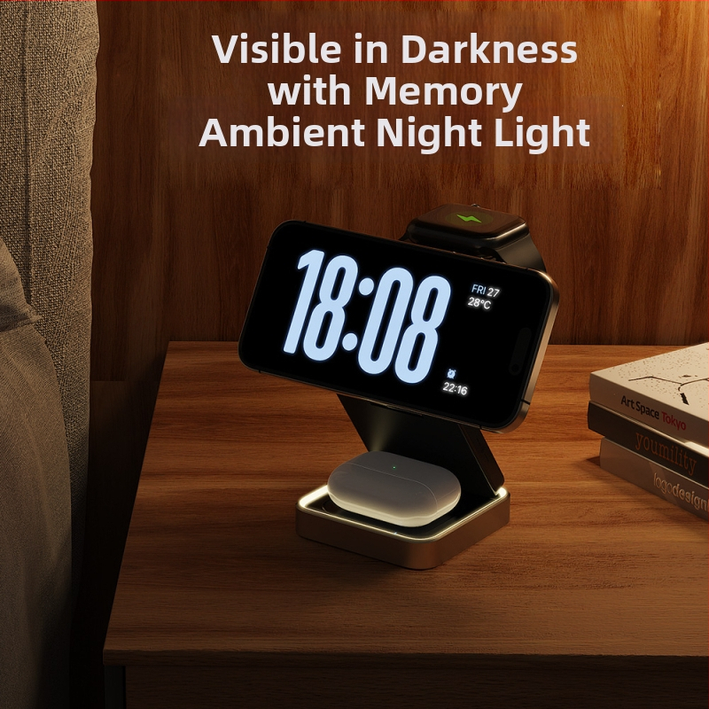 3-1 magnetisks metāla salokāmais bezvadu uzlādes stends iPhone 16, austiņām un Apple Watch – maksimāli 15W, QC3.0