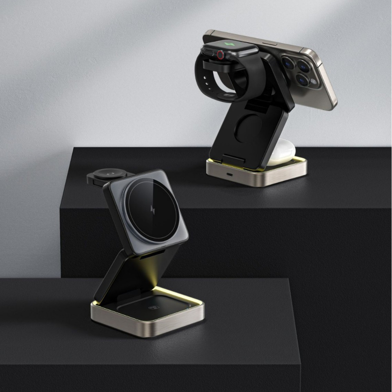 3-in-1 magnetinis sulankstomas metalo belaidis įkroviklis iPhone 16, ausinėms ir Apple Watch – maks. 15W, QC3.0