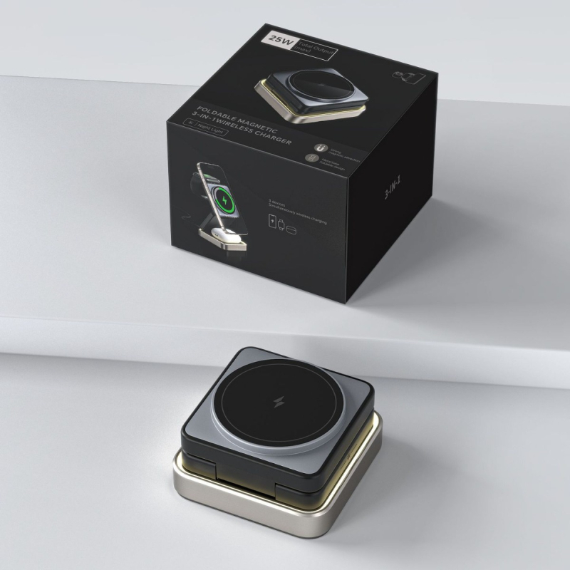 3-in-1 magnetinis sulankstomas metalo belaidis įkroviklis iPhone 16, ausinėms ir Apple Watch – maks. 15W, QC3.0