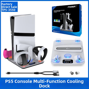 DOBE TP5-3550 Viacfunkčná chladiaca základňa pre PS5 s nabíjačkou pre ovládač PSVR2 a vešiakom na slúchadká – ABS; kompatibilný s PS5/PS5 Slim/PS5 Pro/PS VR2