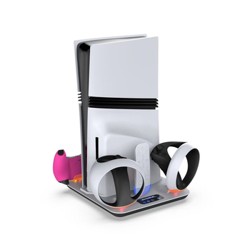DOBE TP5-3550 Viacfunkčná chladiaca základňa pre PS5 s nabíjačkou pre ovládač PSVR2 a vešiakom na slúchadká – ABS; kompatibilný s PS5/PS5 Slim/PS5 Pro/PS VR2