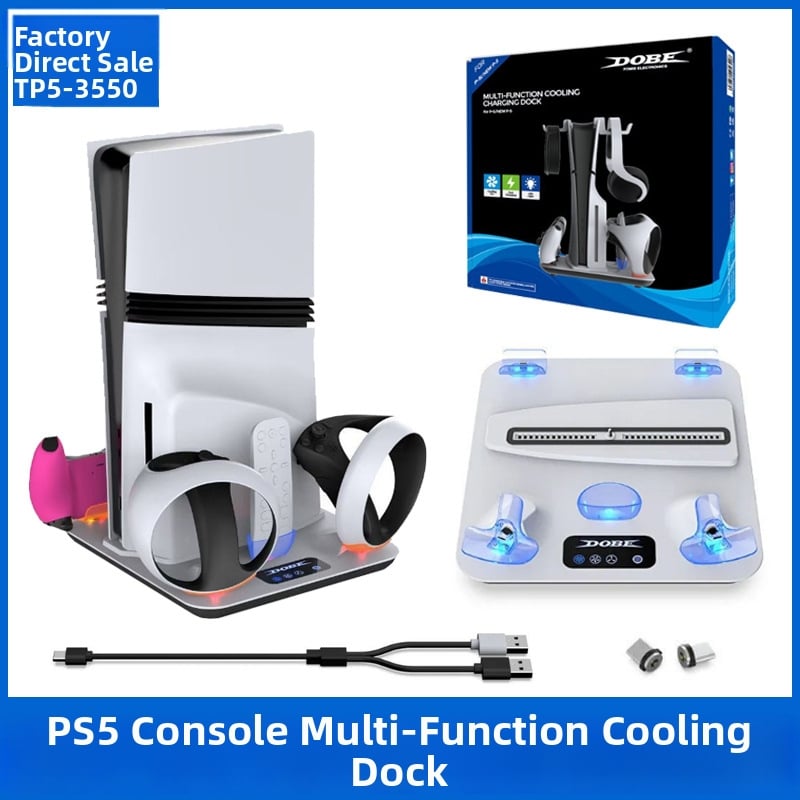 DOBE TP5-3550 Viacfunkčná chladiaca základňa pre PS5 s nabíjačkou pre ovládač PSVR2 a vešiakom na slúchadká – ABS; kompatibilný s PS5/PS5 Slim/PS5 Pro/PS VR2