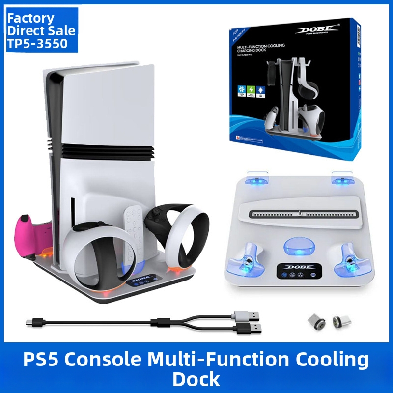 DOBE TP5-3550 Viacfunkčná chladiaca základňa pre PS5 s nabíjačkou pre ovládač PSVR2 a vešiakom na slúchadká – ABS; kompatibilný s PS5/PS5 Slim/PS5 Pro/PS VR2