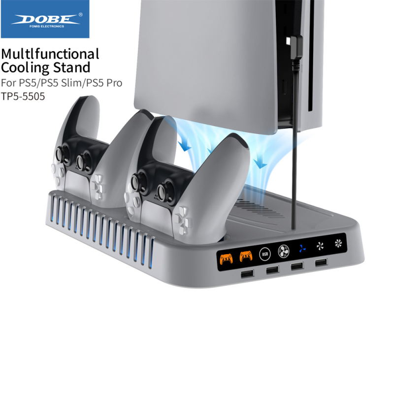 PS5 chladiaca a nabíjacia podstavec s RGB osvetlením, vešiak na slúchadlá a držiak na disky (kompatibilný so PS5 Slim/Pro)