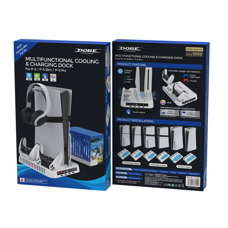 PS5 chladiaca a nabíjacia podstavec s RGB osvetlením, vešiak na slúchadlá a držiak na disky (kompatibilný so PS5 Slim/Pro)