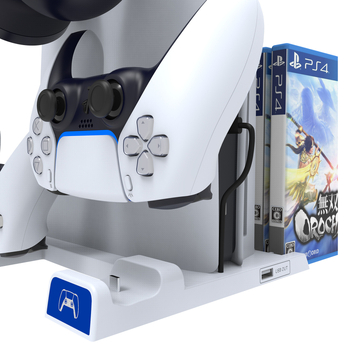 IPEGA P5 Slim Dvostruka stanica za punjenje za PS5/PS5 Slim s pretincem za slušalice i držačem diskova (ABS)