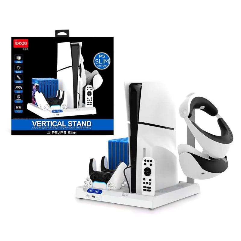 IPEGA Bază de răcire multifuncțională pentru PS5 Slim/PS5/PS5 Pro cu extindere USB și iluminare; suport pentru discuri și căști; ABS