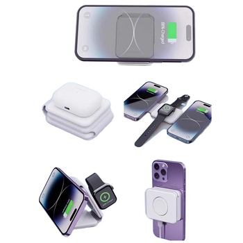 3-in-1 MagSafe belaidžio įkroviklio sulankstomas dizainas skirtas telefonui, ausinėms ir laikrodžiui, QC3.0 greitas įkrovimas, maksimali galia 22,5 W