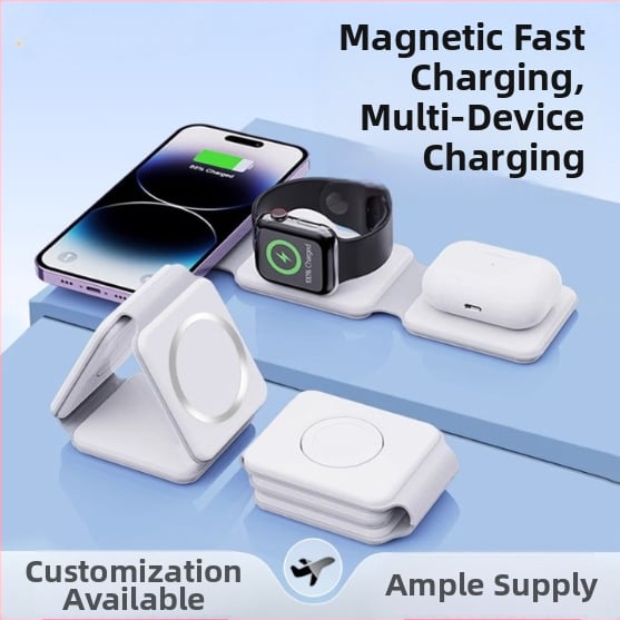 3-in-1 MagSafe belaidžio įkroviklio sulankstomas dizainas skirtas telefonui, ausinėms ir laikrodžiui, QC3.0 greitas įkrovimas, maksimali galia 22,5 W