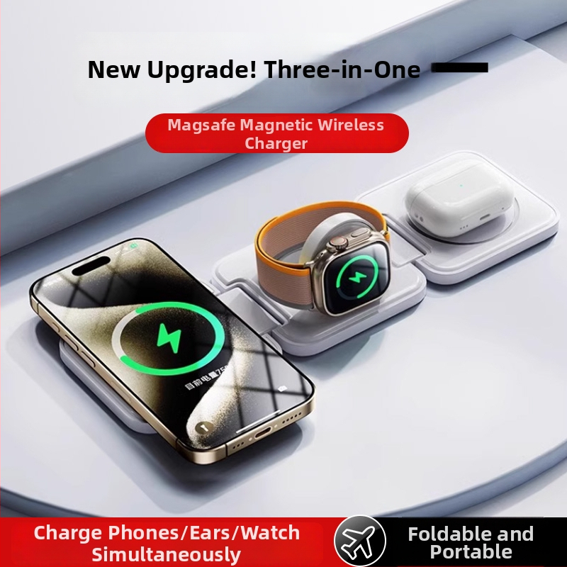 3-in-1 MagSafe bezvadu uzlādes nūja ar salokāmu dizainu priekš telefona, ausu austiņām un viedpulksteņa, QC3.0 ātrā uzlāde, maksimālais jaudas izvads 22,5 W