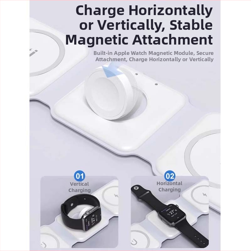3-in-1 MagSafe bezvadu uzlādes nūja ar salokāmu dizainu priekš telefona, ausu austiņām un viedpulksteņa, QC3.0 ātrā uzlāde, maksimālais jaudas izvads 22,5 W