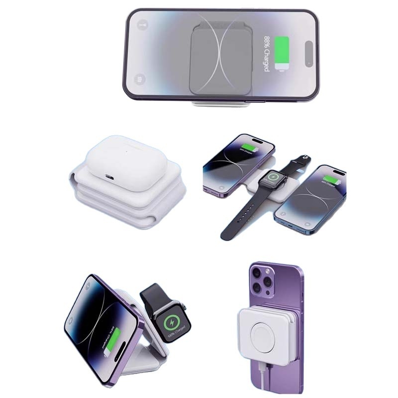 3-in-1 MagSafe belaidžio įkroviklio sulankstomas dizainas skirtas telefonui, ausinėms ir laikrodžiui, QC3.0 greitas įkrovimas, maksimali galia 22,5 W