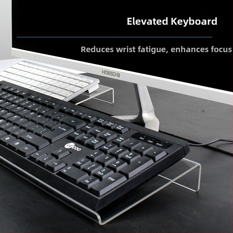 Tastatūras pacēlāja turētājs — caurspīdīgs akrila piespraudītais turētājs darbvirsmas datoram ar noliekamu plāksni