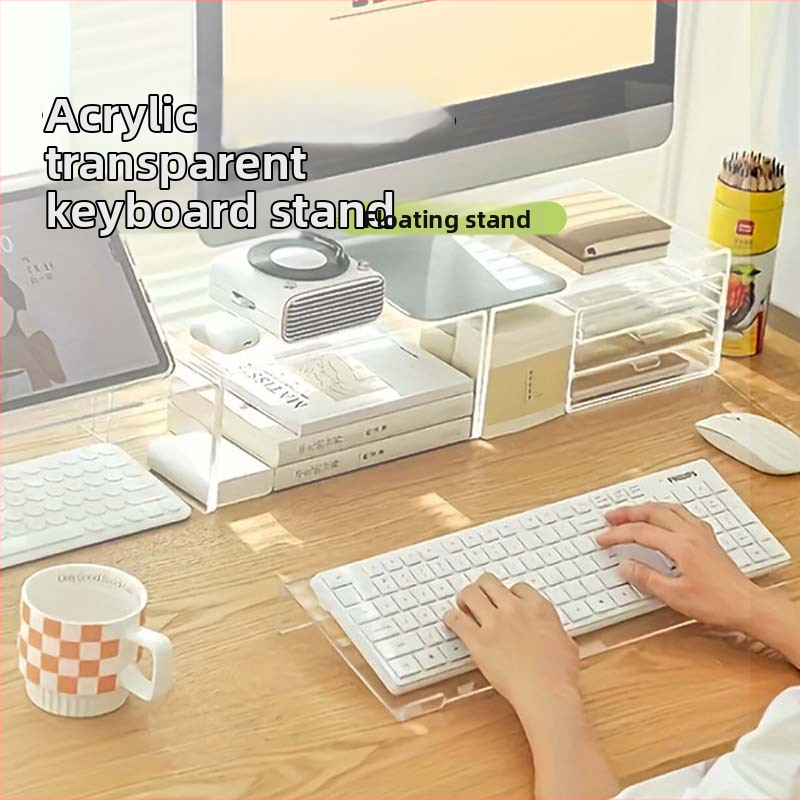 Akrilinė stalinių klaviatūros laikiklis, skaidri pakelta lentyna rašymui