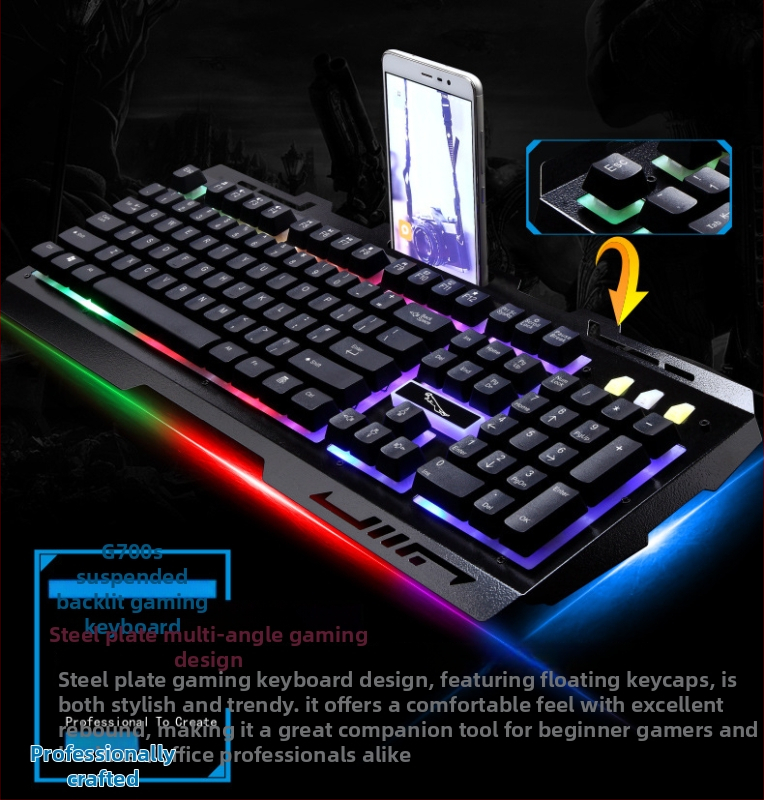 G700 комплект клавиатура и мишка за игри с USB, стойка за лаптоп, 1600 DPI оптичен, подсветка