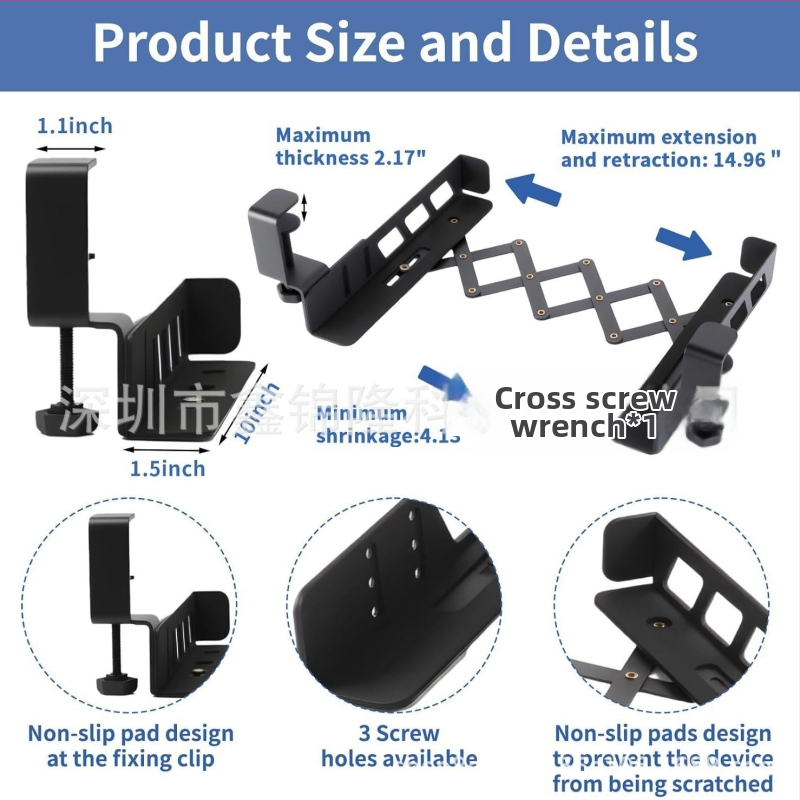 Portatīvā datora statīvs zem darba galda, bez urbšanas, regulējams, saliekams, ar tastatūras un grāmatu uzglabāšanu, modelis ZDS003