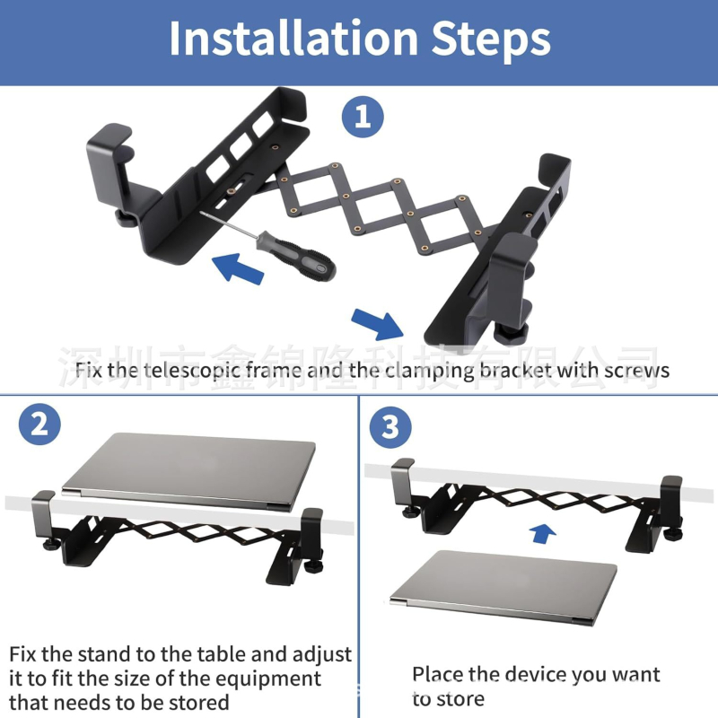 Nešiojamojo kompiuterio stovėklė po stalu, be gręžimo, reguliuojama, sulankstoma, su klaviatūros ir knygų laikymo vieta, modelis ZDS003