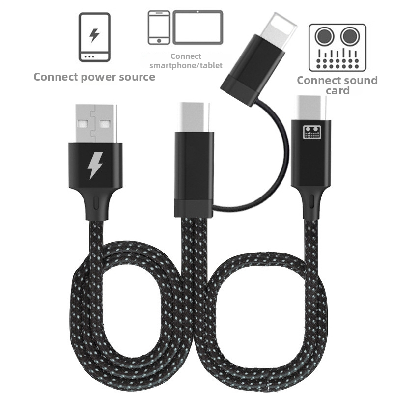 OTG adaptér kábel pre zvukovú kartu pre živé vysielanie, dvojstranný, rozhrania Lightning/Type-C/USB-A, dĺžka 1,5 m + 1 m, OTG čip