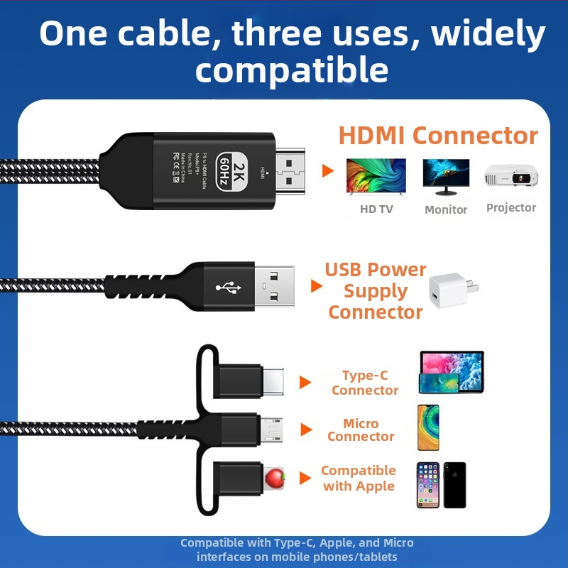 HDMI zobrazovací kábel pre smartfóny — univerzálny USB-C/Android 8 adaptér Apple Type-C zariadeniam k TV, projektoru alebo monitora
