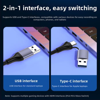 Video uztveres karte USB 3.0 / Type-C — 1080P, MS2130 čips, savietojama ar visām operētājsistēmām, paredzēta mobilajām ierīcēm un datoriem