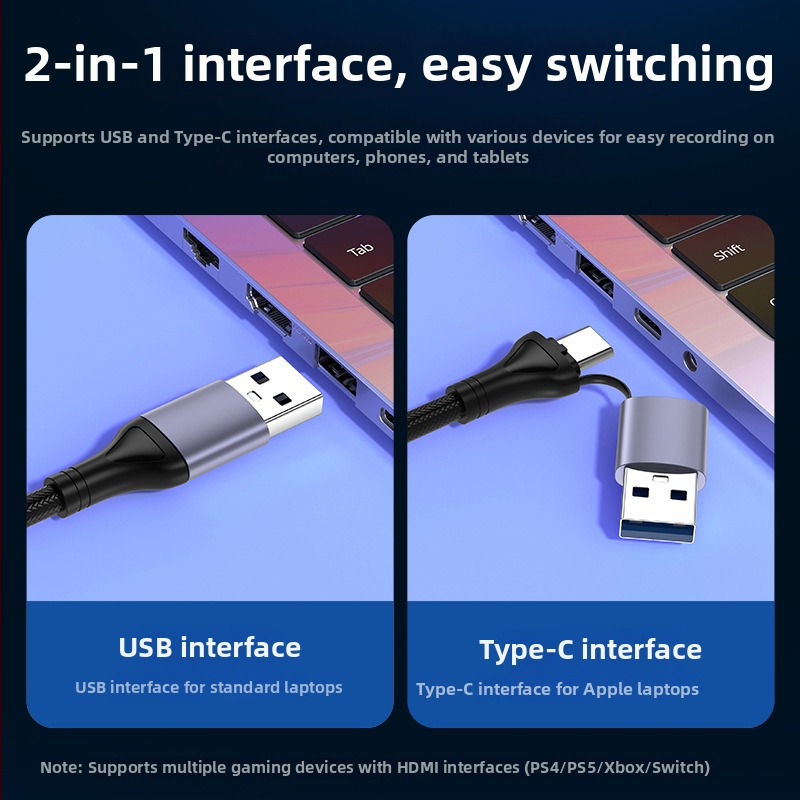 Video uztveres karte USB 3.0 / Type-C — 1080P, MS2130 čips, savietojama ar visām operētājsistēmām, paredzēta mobilajām ierīcēm un datoriem