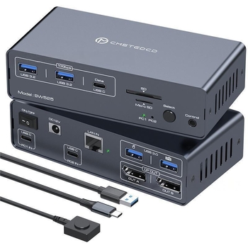 USB-C KVM lüliti 2x USB-C sisenditega, 2x DP1.4 väljunditega, SD/TF kaartide slotid ja 4K@120Hz