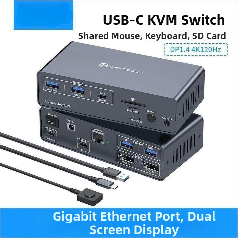 USB-C KVM lüliti 2x USB-C sisenditega, 2x DP1.4 väljunditega, SD/TF kaartide slotid ja 4K@120Hz