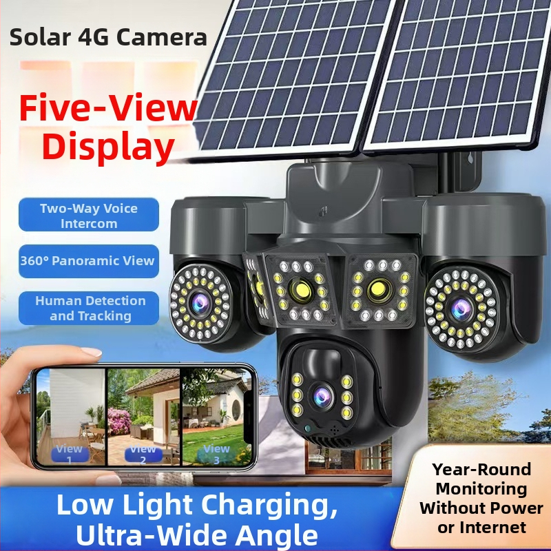 Saules enerģijas ārējā PTZ kamera ar 355° horizontālo griešanos, 90° vertikālo griešanos, griešanās ierobežojumu 355°, jauda DC 5V, sienas stiprinājums