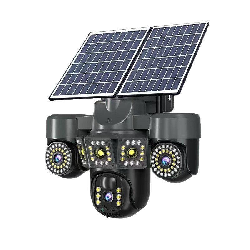 Saules enerģijas ārējā PTZ kamera ar 355° horizontālo griešanos, 90° vertikālo griešanos, griešanās ierobežojumu 355°, jauda DC 5V, sienas stiprinājums