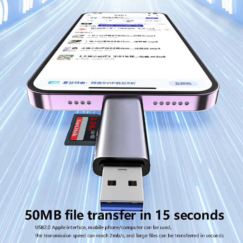 USB 2.0 OTG čitač SD/TF kartica – aluminijsko kućište, vanjska verzija, kompatibilan s Apple uređajima