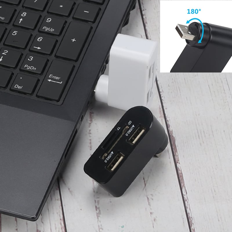 Hub USB 2.0 rotativ cu cititor de carduri – extindere USB cu 2 porturi (SD/TF/MicroSD)