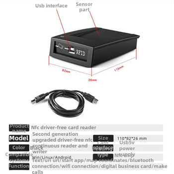 NFC masinis skaitytuvas/rašytuvas USB be tvarkyklių, su SDK - Aukšto dažnio NFC, jutiklio atstumas 1–5 cm, skaitymo laikas 0,5–3 s